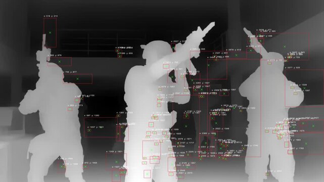 AI-powered object detection output showing silhouettes of military personnel with weaponry, overlaid with bounding boxes, data points, and depth information. AI training in military or tactical motion