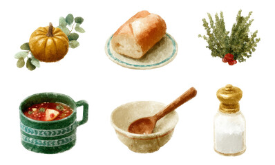 Watercolor Illustration of Holiday Starter Dishes and Ingredients on Transparent Background