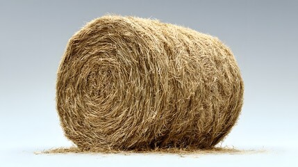 A single round bale of dried hay sits on a plain background.
