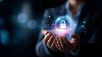 Futuristic digital security concept featuring person looking at glowing lock hologram faceless, digital network surrounding, cybersecurity technology presentations and innovation p