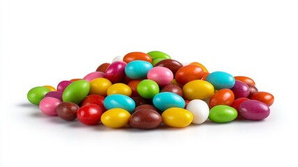 Colorful dragee candy pile on white background. Artificial intelligence image