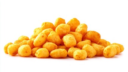 Pile of crunchy corn puffs on white background. Artificial intelligence image
