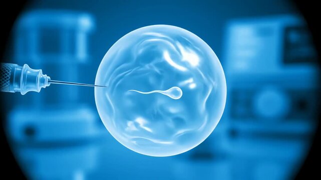 Microscopic view of microscopic sperm cell injection into egg cell for fertilization in laboratory research