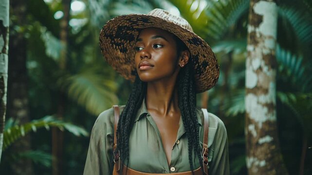 A young Black woman wearing a woven straw hat and an olive shirt stands confidently amidst a lush tropical forest, her braided hair falling over her shoulders.