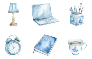 Minimalist Home Office Objects Illustrated in Watercolor Style on Transparent Background
