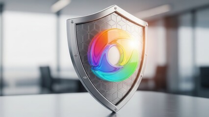A metallic shield featuring a vibrant, glowing abstract symbol stands prominently on a table within a modern, brightly lit office environment, representing digital security and innovation.
