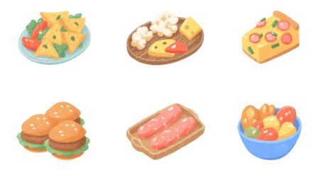 Playful Hand-Painted Illustrations of Party Snack Platters on Transparent Background