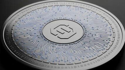 A sleek, silver cryptocurrency coin features intricate blue circuit board patterns and binary code, symbolizing digital finance and blockchain technology.