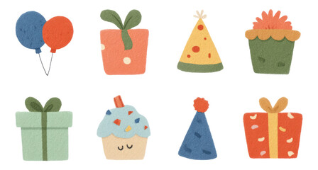 Cute pastel party decorations collection with balloons, gifts, and hats on transparent background