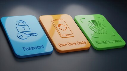 A trio of vibrantly colored 3D icons, representing password, one-time code, and biometric scan, showcase modern digital authentication and data security methods.