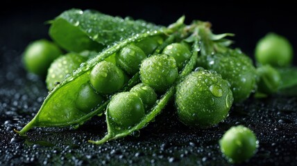 Fresh green pea pods with water droplets on black background. Artificial intelligence image