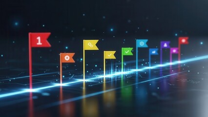 Colorful digital flags mark sequential steps and milestones on a glowing circuit board, symbolizing strategic planning, process optimization, and goal achievement in business technology.