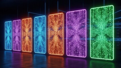 Vibrant neon-glowing digital circuit boards symbolize advanced data processing and artificial intelligence within a high-tech server environment.