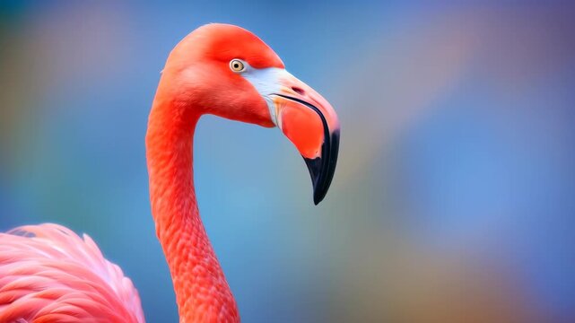 Flamingo's Elegant Pose: A close-up showcases a flamingo's graceful curved neck, distinctive beak, and vibrant pink plumage, set against a blurred backdrop. 