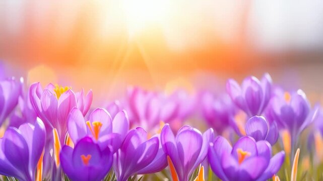 Spring Crocuses in Sunshine: A vibrant display of purple crocuses basks in the golden sunlight, creating a picturesque scene of early spring bloom. 