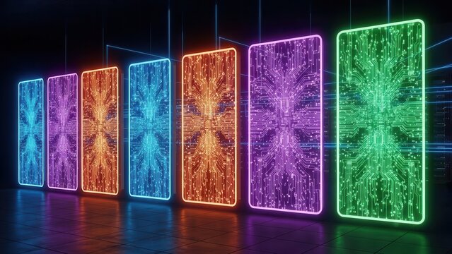 Vibrant neon-glowing digital circuit boards symbolize advanced data processing and artificial intelligence within a high-tech server environment. - Powered by Adobe