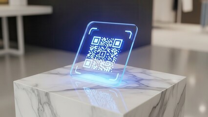 A futuristic glowing blue QR code displayed on a transparent glass panel sits on a minimalist marble pedestal, representing digital payment, secure transactions, and smart technology.