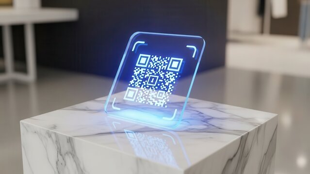 A futuristic glowing blue QR code displayed on a transparent glass panel sits on a minimalist marble pedestal, representing digital payment, secure transactions, and smart technology. - Powered by Adobe