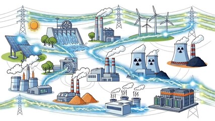Diverse Energy Sources Connected Power Grid With Solar Wind And Nuclear