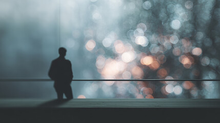 Fototapeta premium A solitary man pauses behind glass, standing between warm light and a cold digital environment before action.