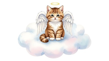 Obraz premium Heavenly Kitty on Cloud Nine: An adorable kitten with angelic wings and a halo, sits serenely atop a soft, fluffy cloud, evoking feelings of peace, comfort, and innocence.