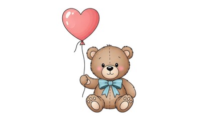Fototapeta premium Cute Teddy Bear with a Heart Balloon: A sweet teddy bear holds a charming heart-shaped balloon, symbolizing love and affection. Capturing the innocence and tenderness of childhood.