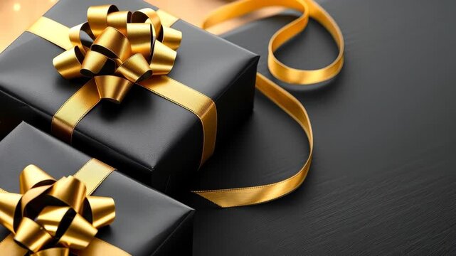 Gifts of Elegance: A luxurious display of wrapped gift boxes adorned with shimmering golden ribbons, perfect for conveying sentiments of appreciation and celebration.