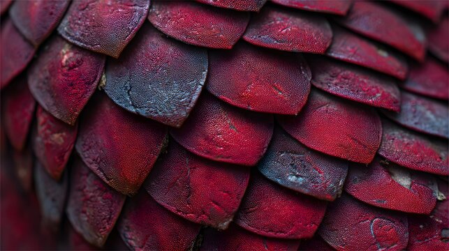Close up of textured red dragon scales with blue undertones.