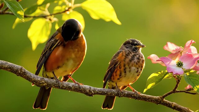 Two robins perched on a tree branch in soft morning sunlight with blooming pink dogwood flowers