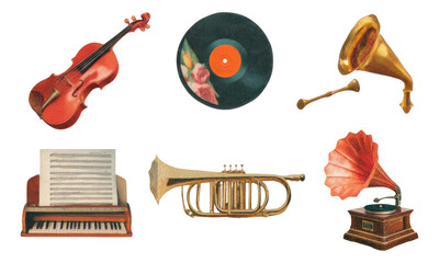Vintage Music Collage Illustration Featuring Various Musical Instruments on Transparent Background