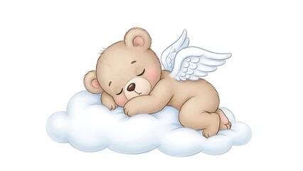 Dreamy Slumber of a Heavenly Bear: A gentle, adorable teddy bear, adorned with angelic wings, peacefully sleeps atop a fluffy cloud, embodying tranquility and innocence. 