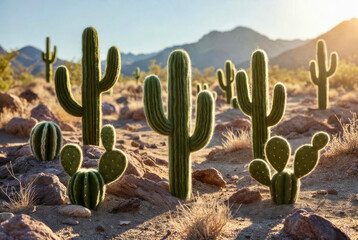 Felt Cacti grow in a desert landscape during sunset