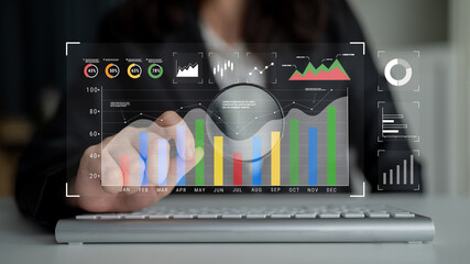 A business data analysis and performance monitoring dashboard. A collection of charts and graphs for strategic review and company evaluation. Motif