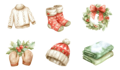 Cozy Winter Knitwear Collection with Festive Accessories on Transparent Background