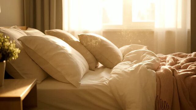 Sunlight streams through window illuminating dust motes floating in a cozy bedroom with rumpled white bedding and a pink throw