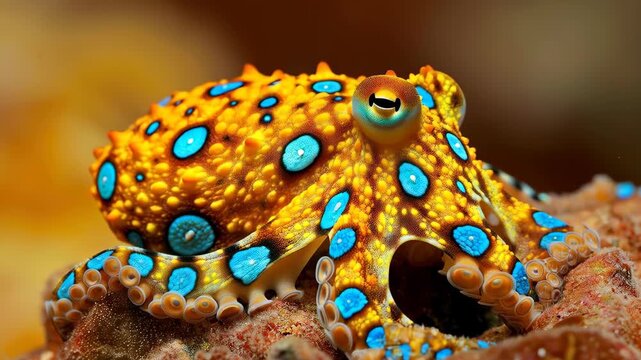 Blue-Ringed Octopus: A vibrant blue-ringed octopus resting on a textured surface, showcasing its striking pattern. The image captures the exquisite detail of the marine animal.