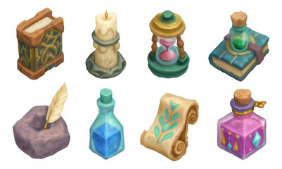 Colorful Decorative Objects for a Wizard Study Room on a Transparent Background