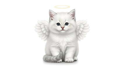 Obraz premium Serene Feline: A divine depiction of a pristine, fluffy white kitten, adorned with angelic wings and a luminous halo, radiating purity and innocence.