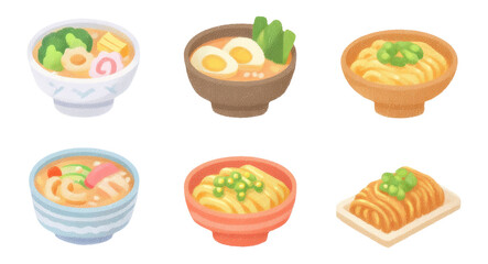 Hand-painted illustration of Asian noodle bowls on transparent background