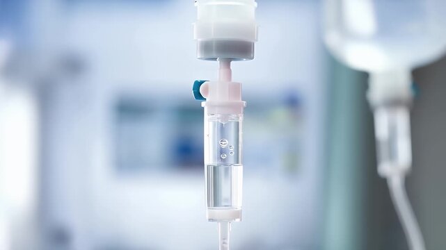 Intravenous drip chamber with bubbles in a hospital setting, showcasing medical treatment and care