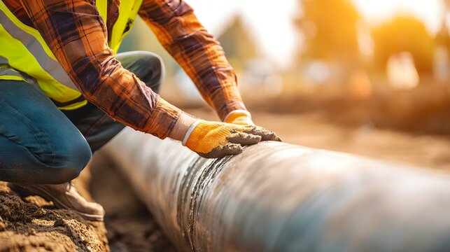 Construction worker inspecting a large pipeline during a sunny day.