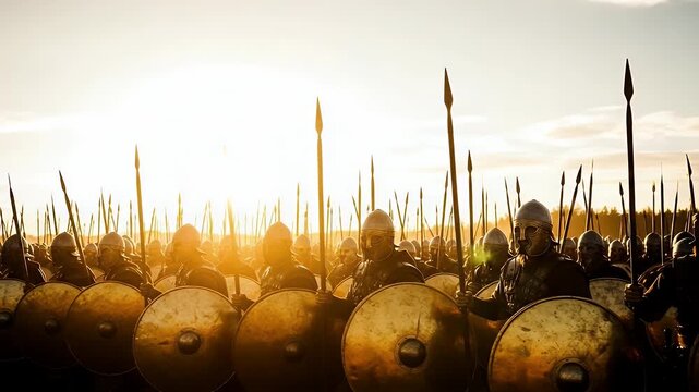 A dramatic formation of ancient warriors with shields and spears set against a breathtaking sunset, evoking a sense of epic battle and heroic strength.
