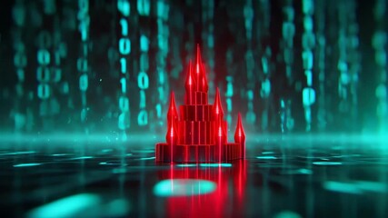 Digital Fortress: A vibrant red castle, symbol of data protection, stands boldly in the center, amidst a dynamic matrix of binary code. A representation of security in the digital era. - Powered by Adobe