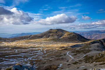 Landscape of the Ernici Mountains, a limestone-dolomitic mountain range in the Lazio Sub-Apennines. A limestone-dolomitic massif, shaped by ancient tectonic movements and subsequent erosion.