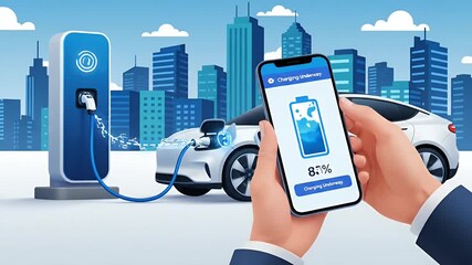 Electric Car Charging at Smart City Station Using Mobile App - Powered by Adobe