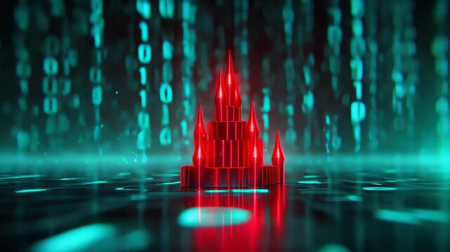 Digital Fortress: A vibrant red castle, symbol of data protection, stands boldly in the center, amidst a dynamic matrix of binary code. A representation of security in the digital era.