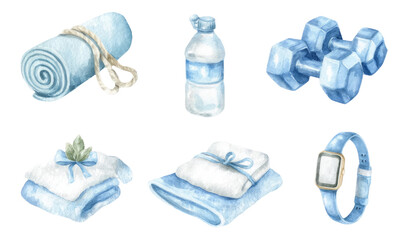 Casual Fitness Gear Watercolor Illustrations on Transparent Background