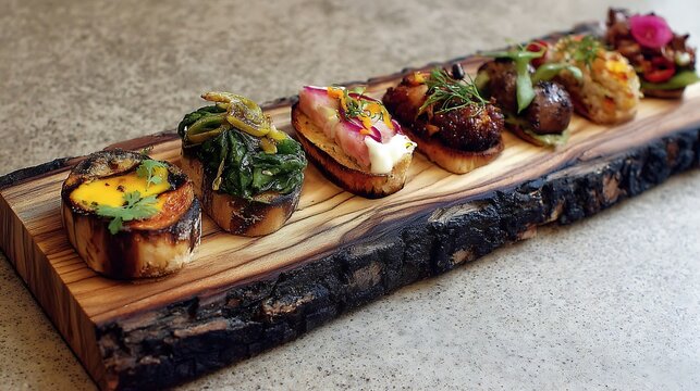 A selection of gourmet canaps on a wooden board for appetizer or snack - Powered by Adobe