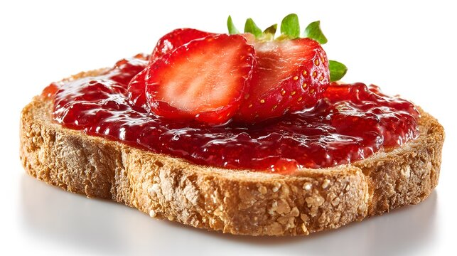 Delicious Slice of Whole Wheat Bread Topped with Strawberry Jam and Fresh Strawberries.