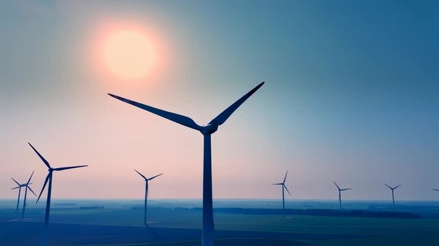 Several wind turbines stand tall against a clear sky, with the sun setting softly in the background. The wind turbines generate energy while creating a visually striking scene.